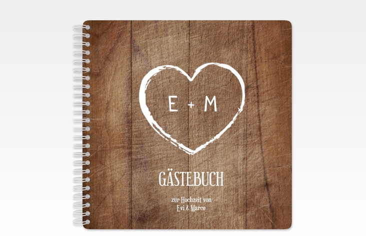 Gästebuch Hochzeit Wood Ringbindung in Holz-Optik mit Herz und Initialen