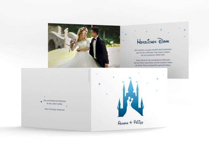Danksagungskarte Hochzeit Castle A6 Klappkarte quer blau