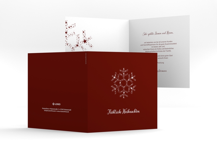 Geschäftliche Weihnachtskarte Sternflocke quadr. Klappkarte rot mit Eiskristall aus weißen Sternen