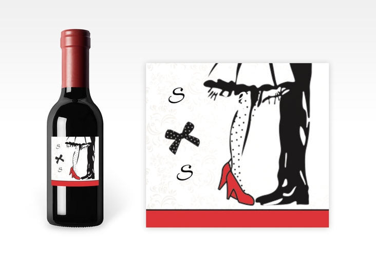 Piccoloetikett Hochzeit Straßburg Etikett Piccolo rot mit Rockabilly-Brautpaar