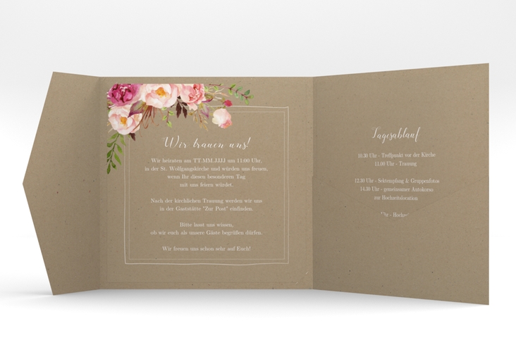 Hochzeitseinladung Flowers Pocketfold Kraftpapier hochglanz mit bunten Aquarell-Blumen