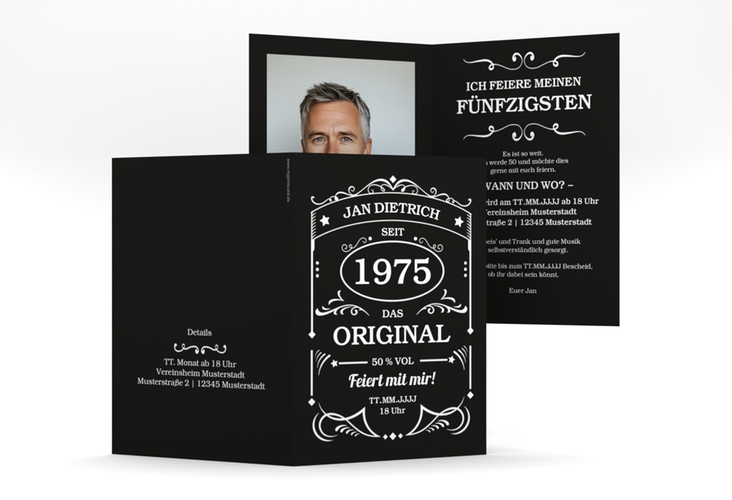 Einladung 50. Geburtstag Guter Jahrgang A6 Klappkarte hoch wie Whisky-Flaschenetikett