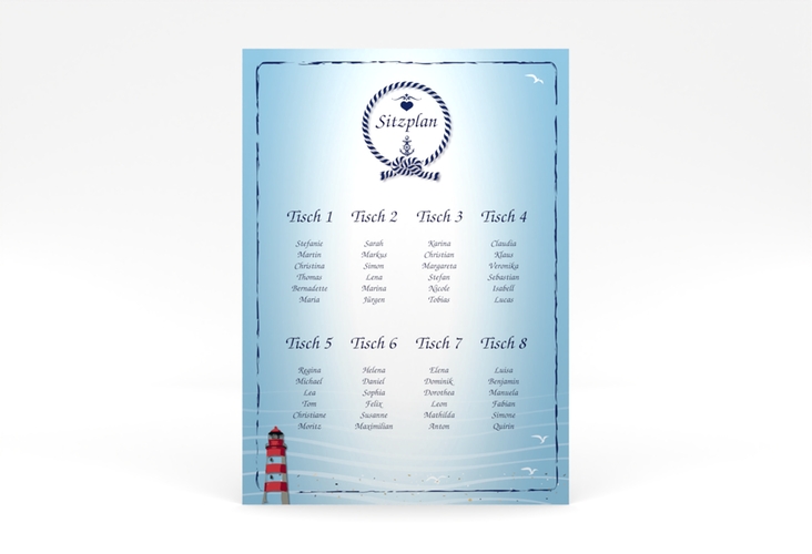 Sitzplan Poster Hochzeit Sylt 50 x 70 cm Poster blau mit Leuchtturm