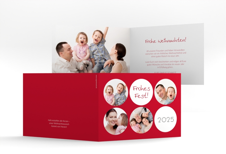 Weihnachtskarte Joy A6 Klappkarte quer rot hochglanz mit runden Fotos