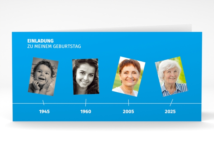 Einladung 80. Geburtstag Timeline lange Klappkarte quer blau hochglanz