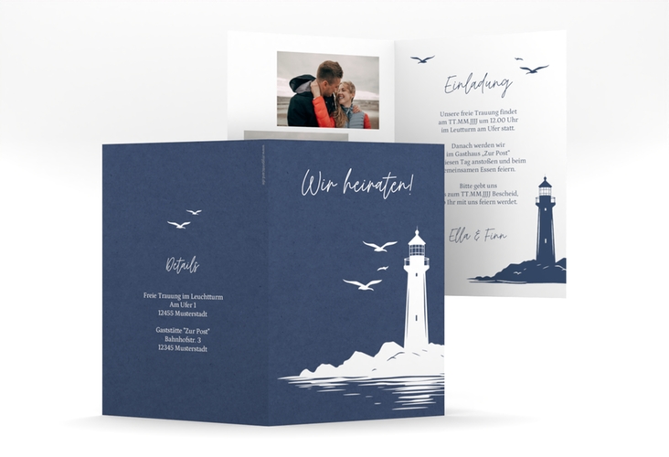 Einladungskarte Hochzeit Leuchtturm A6 Klappkarte hoch blau