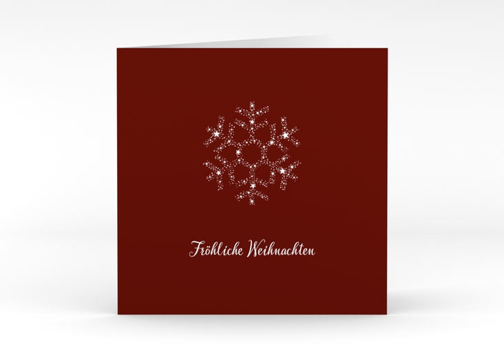 Geschäftliche Weihnachtskarte Sternflocke quadr. Klappkarte rot hochglanz mit Eiskristall aus weißen Sternen