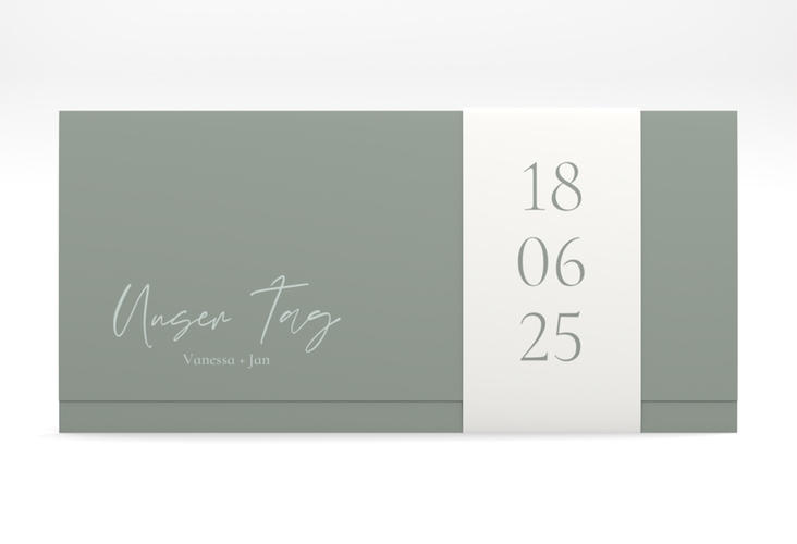 Hochzeitseinladung Day Wickelfalzkarte + Banderole gruen mit Datum im minimalistischen Design