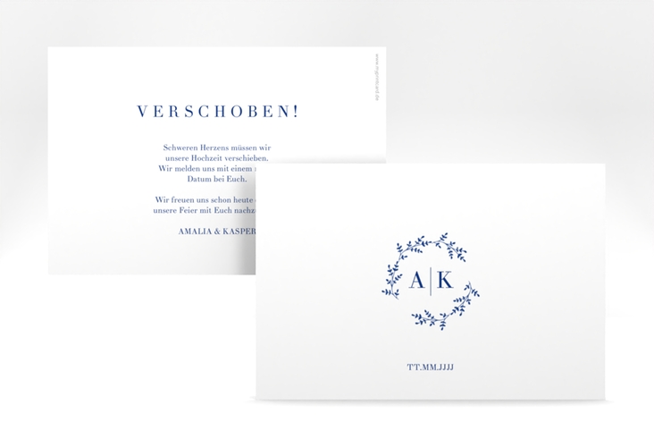 Change the Date-Karte Filigrana A6 Karte quer blau in reduziertem Design mit Initialen und zartem Blätterkranz