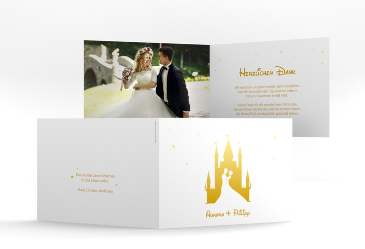Danksagungskarte Hochzeit Castle A6 Klappkarte quer gold