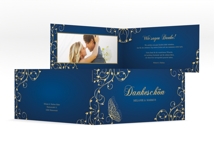 Danksagungskarte Hochzeit Eternity lange Klappkarte quer blau hochglanz