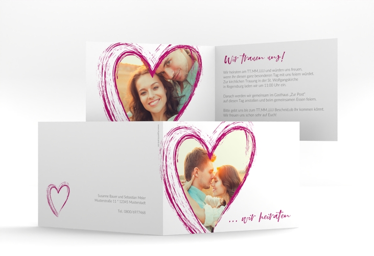 Hochzeitseinladung Liebe A6 Klappkarte quer pink