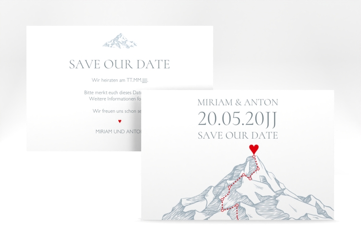 Save the Date-Karte Berge A6 Karte quer mit Berggipfel und eingezeichneter Route zum Herzen