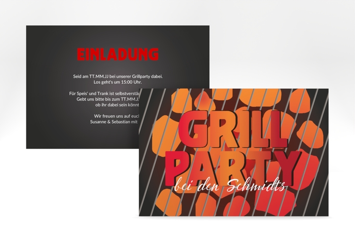 Party Einladungskarte Grillparty A6 Karte quer rot mit glühender Kohle und Grillrost