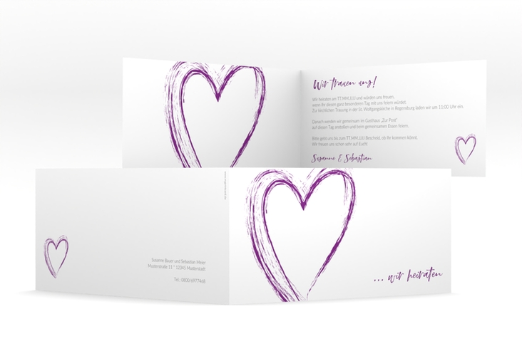 Hochzeitseinladung Liebe lange Klappkarte quer lila hochglanz