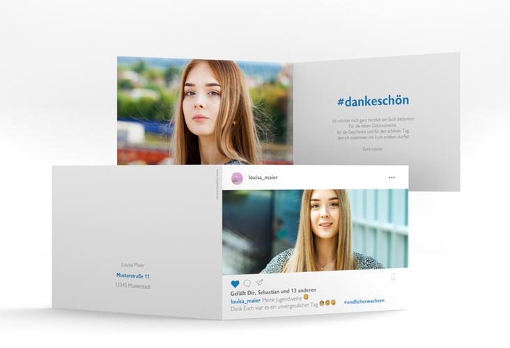 Danksagung Jugendweihe Cool A6 Klappkarte quer weiss im Social-Media-Design