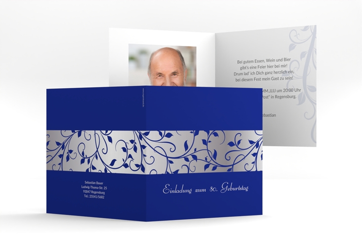 Einladung 80. Geburtstag Hermann/Hermine quadr. Klappkarte blau