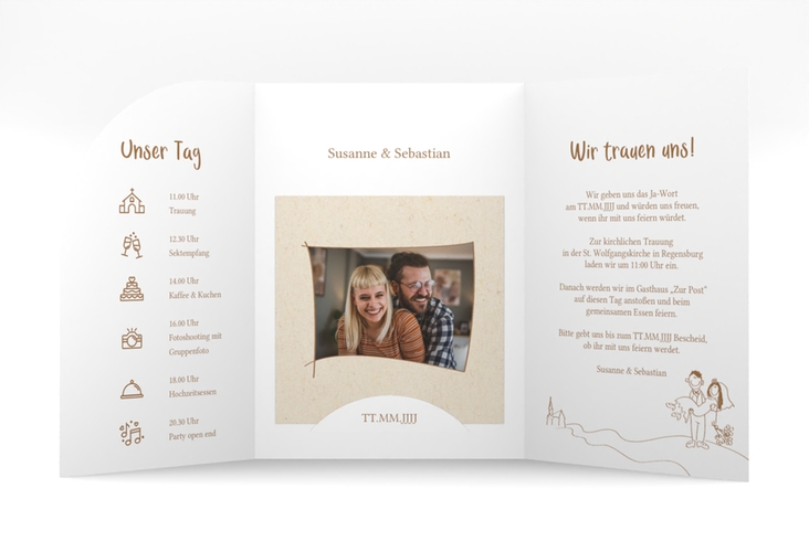 Hochzeitseinladung Pisa mittlere Bogen-Wickelfalzkarte beige