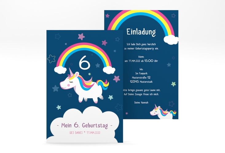 Einladungskarte Kindergeburtstag Unicorn A6 Karte hoch blau mit Einhorn und Regenbogen