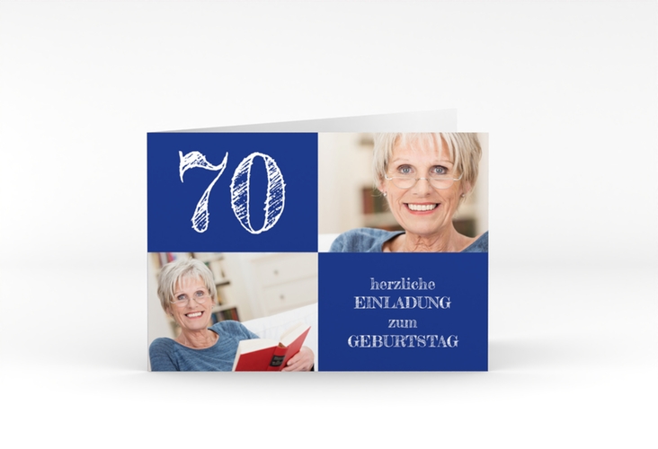 Einladung 70. Geburtstag Lebensfreude A6 Klappkarte quer blau