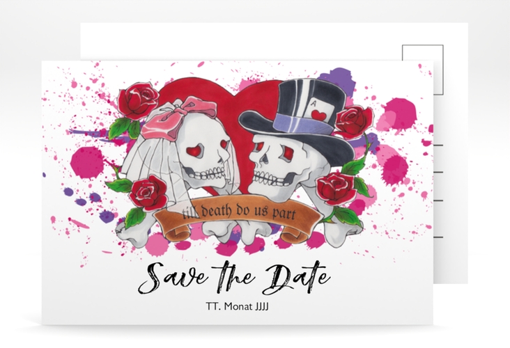 Save the Date-Postkarte Palermo A6 Postkarte weiss mit Totenkopf-Paar und Herz im Tattoo-Stil