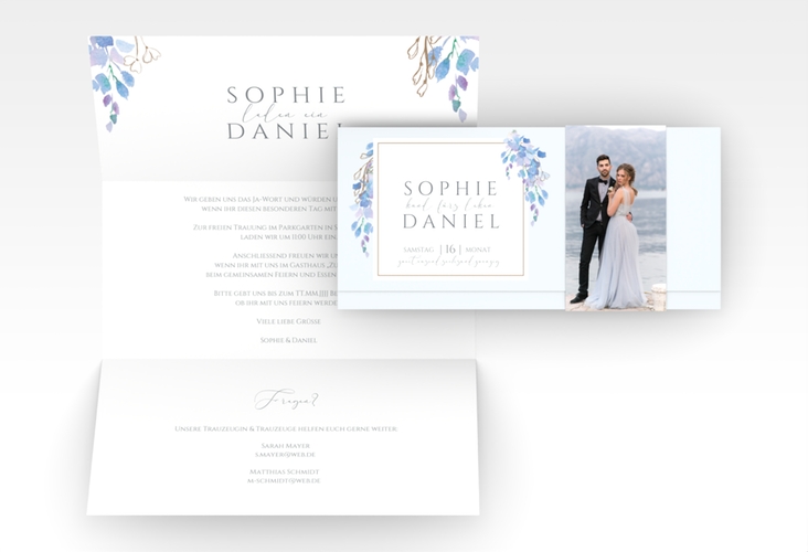 Hochzeitseinladung Blauregen Wickelfalzkarte + Banderole mit Wisteria-Blüten