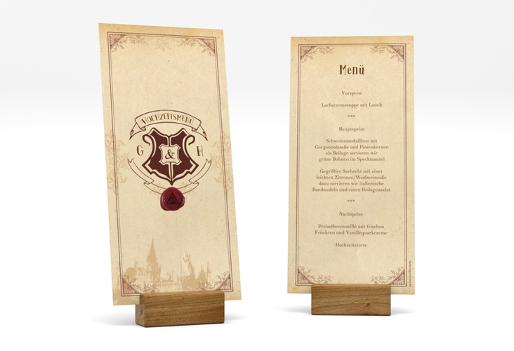 Menükarte Hochzeit Zauberkunst lange Karte hoch beige mit Fantasy-Wappen, Siegel und Zauberschule