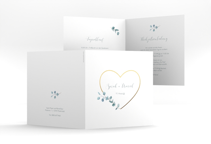 Hochzeitseinladung Greenheart quadr. Klappkarte hochglanz mit elegantem Herz und Eukalyptus-Zweig