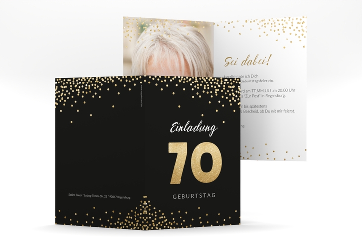 Einladung 70. Geburtstag Glitzer A6 Klappkarte hoch gold