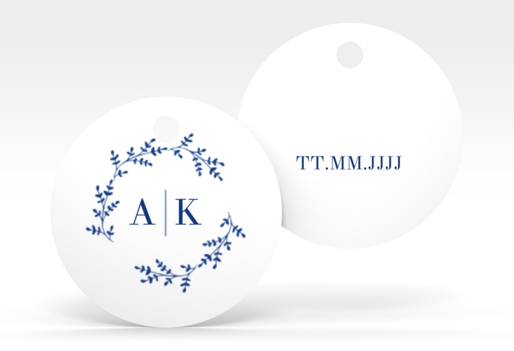 Geschenkanhänger Hochzeit Filigrana Geschenkanhänger, rund blau hochglanz in reduziertem Design mit Initialen und zartem Blätterkranz