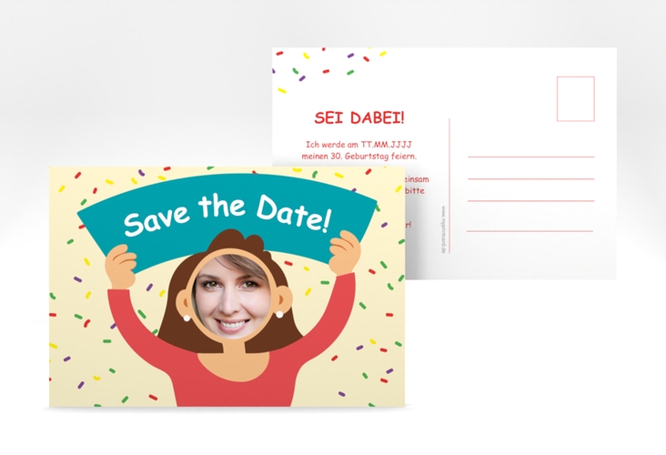 Save the Date-Postkarte Geburtstag Comic Woman A6 Postkarte beige