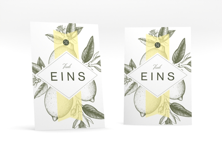Tischnummer Hochzeit Lemon Tischaufsteller mit mediterranem Zitronen-Kupferstich