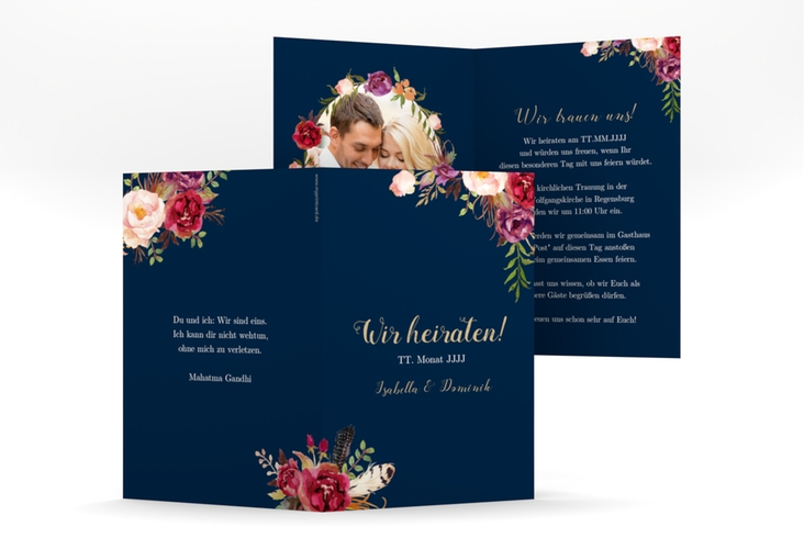 Einladungskarte Hochzeit Flowers A6 Klappkarte hoch blau hochglanz mit bunten Aquarell-Blumen