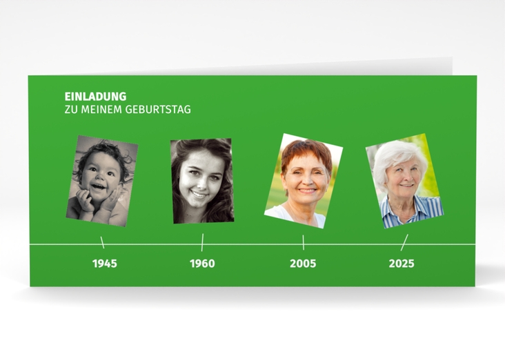 Einladung 80. Geburtstag Timeline lange Klappkarte quer gruen hochglanz