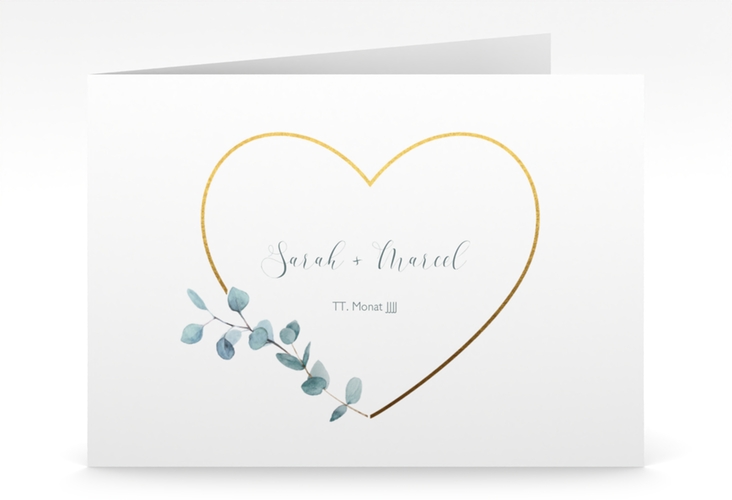 Hochzeitseinladung "Greenheart" mittlere Klappkarte quer gold mit elegantem Herz und Eukalyptus-Zweig