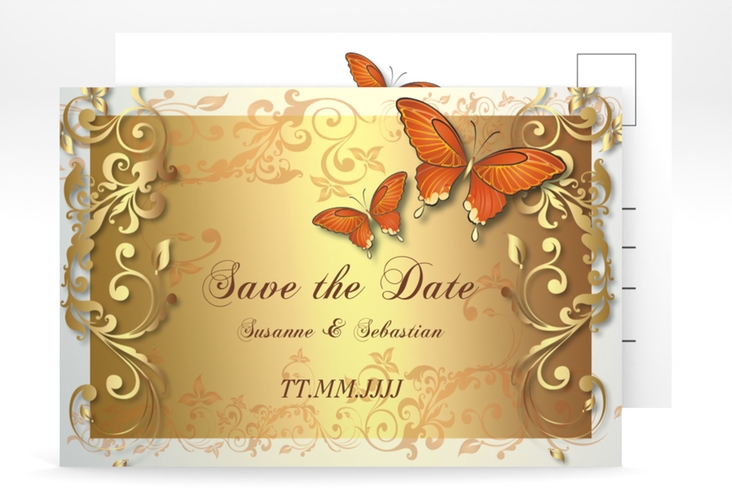 Save the Date-Postkarte Toulouse A6 Postkarte orange mit Schmetterlingen und Schnörkeln