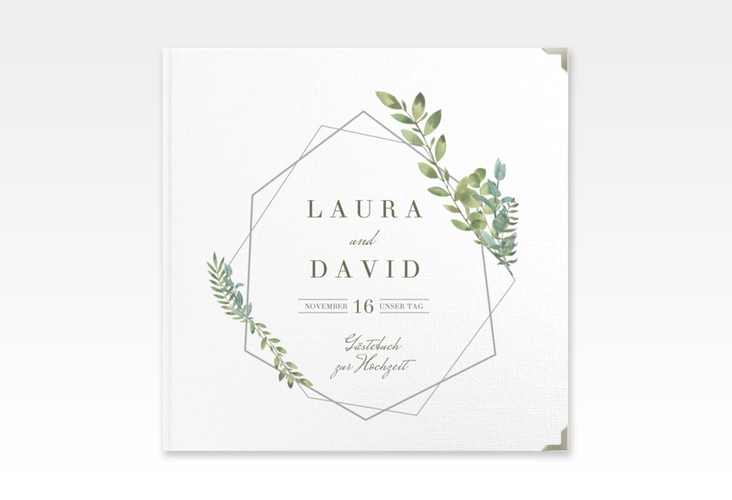 Gästebuch Selection Hochzeit Herbarium Leinen-Hardcover grau mit geometrischem Rahmen und Blätter-Dekor