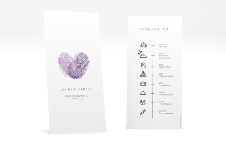 Tagesablauf Hochzeit Fingerprint lange Karte hoch lila schlicht mit Fingerabdruck-Motiv