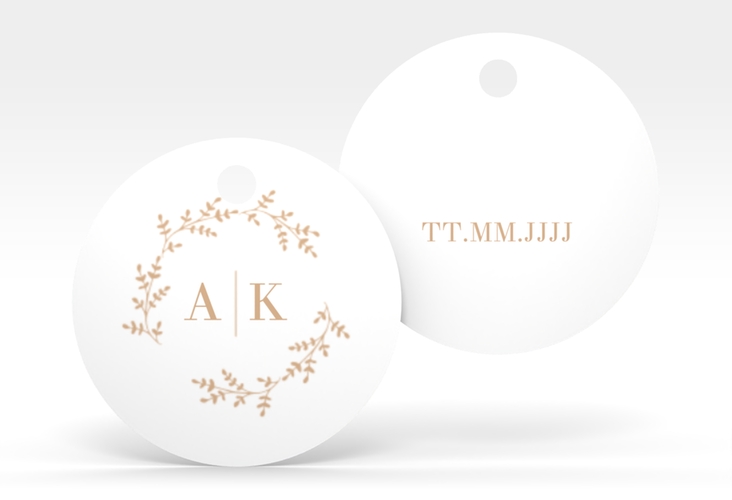 Geschenkanhänger Hochzeit Filigrana Geschenkanhänger, rund beige in reduziertem Design mit Initialen und zartem Blätterkranz