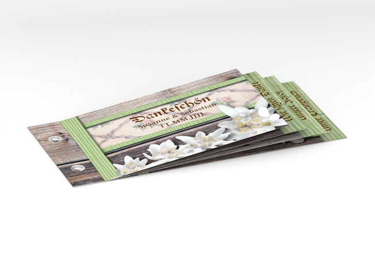 Danksagungskarte Hochzeit Bayern Booklet gruen mit Edelweiß in rustikaler Holz-Optik