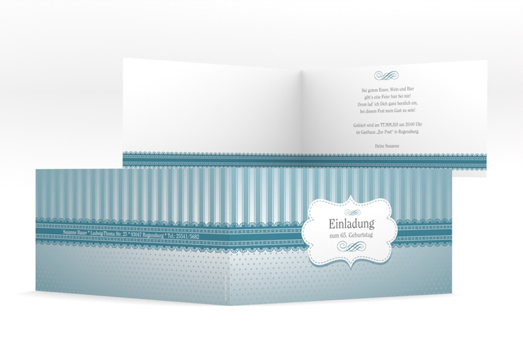 Einladung Geburtstag Heinrich/Henriette lange Klappkarte quer blau hochglanz mit frechen Polka Dots