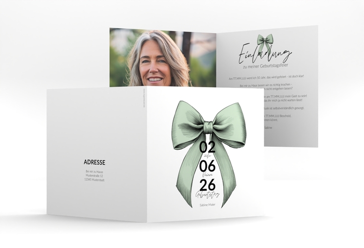 Einladung 50. Geburtstag Geburtstagsschleife quadr. Klappkarte