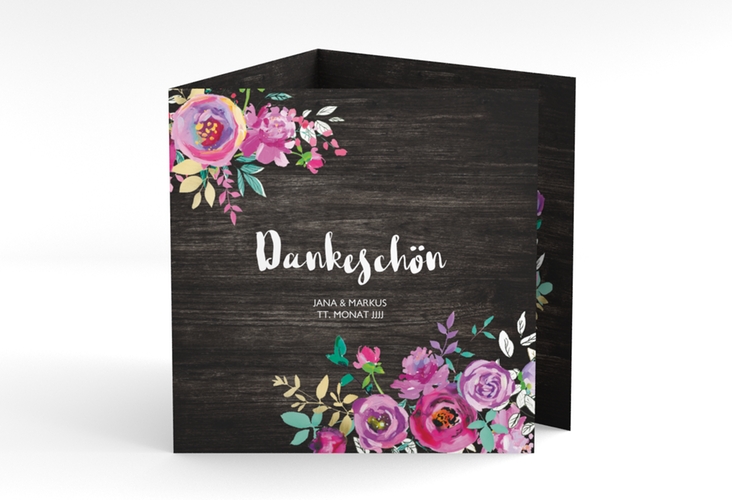 Dankeskarte Hochzeit Flourish quadr. Doppel-Klappkarte schwarz hochglanz mit floraler Bauernmalerei auf Holz