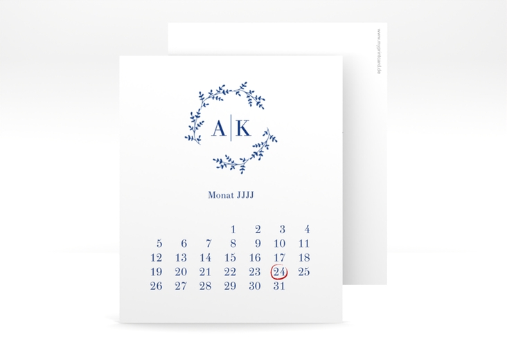 Save the Date-Kalenderblatt Filigrana Kalenderblatt-Karte blau hochglanz in reduziertem Design mit Initialen und zartem Blätterkranz