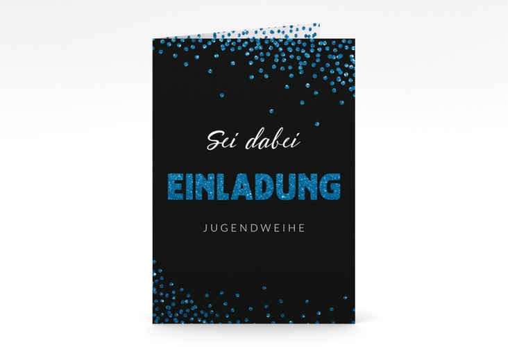 Einladungskarte Jugendweihe Glimmer A6 Klappkarte hoch blau hochglanz