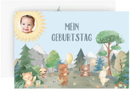 Einladungskarte Kindergeburtstag Waldparty A6 Karte quer blau mit Waldtieren