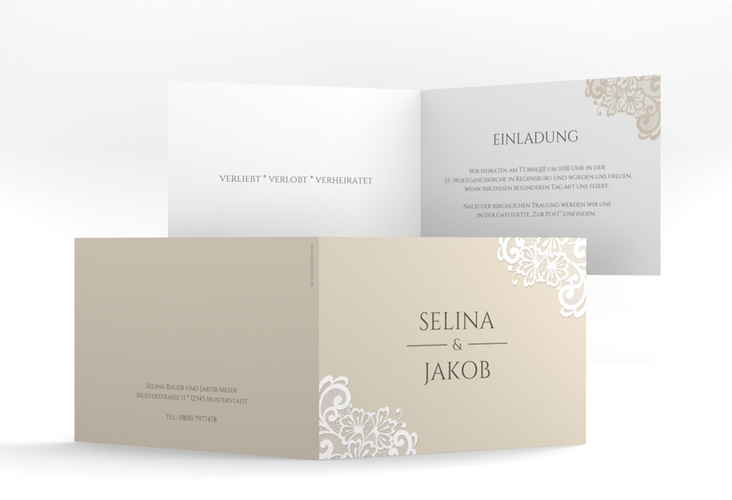 Hochzeitseinladung Vintage A6 Klappkarte quer hochglanz mit floraler Spitze