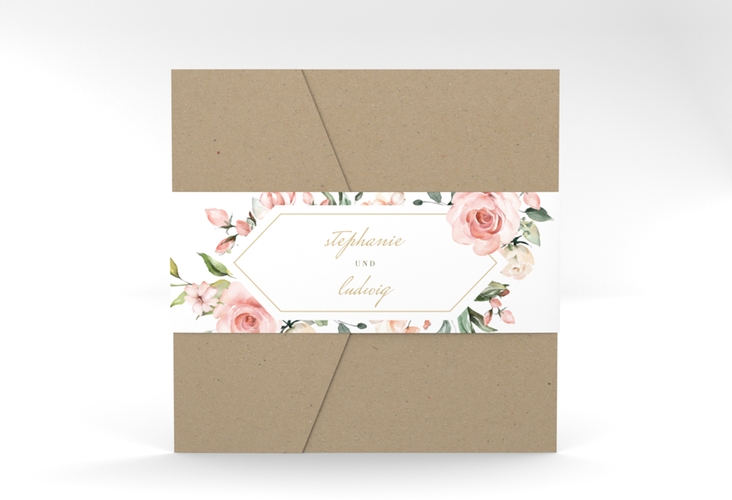 Hochzeitseinladung Graceful Pocketfold weiss hochglanz mit Rosenblüten in Rosa und Weiß