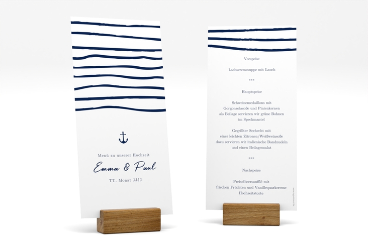 Menükarte Hochzeit Liebesanker lange Karte hoch blau mit maritimem Streifenmuster und kleinem Anker