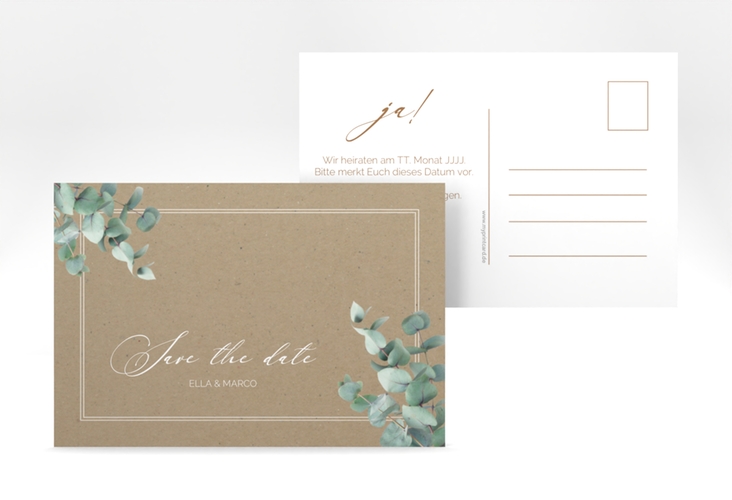 Save the Date-Postkarte Eucalypt A6 Postkarte Kraftpapier mit Eukalyptus und edlem Rahmen